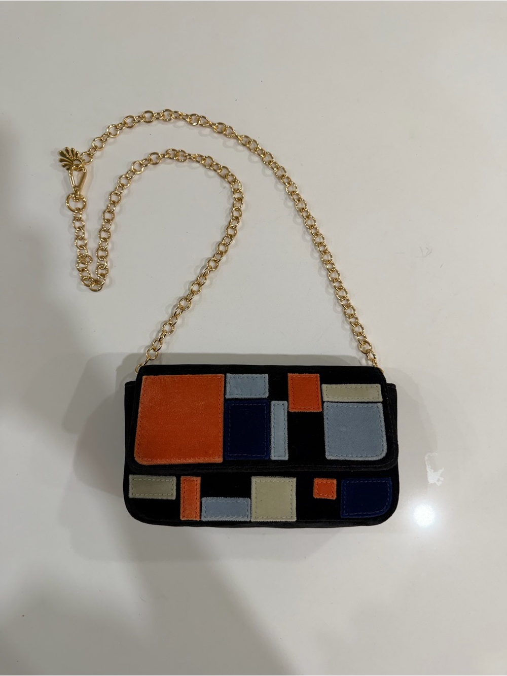 Lele Sadoughi Black Patchwork Crossbody with Gold Chain